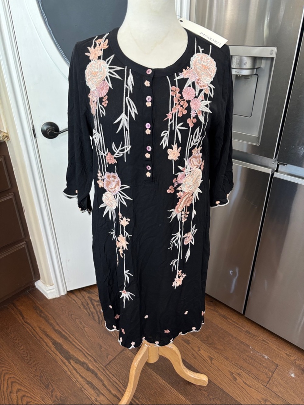 Paparazzi Black Tunic with Pink and Cream Floral Embroidery